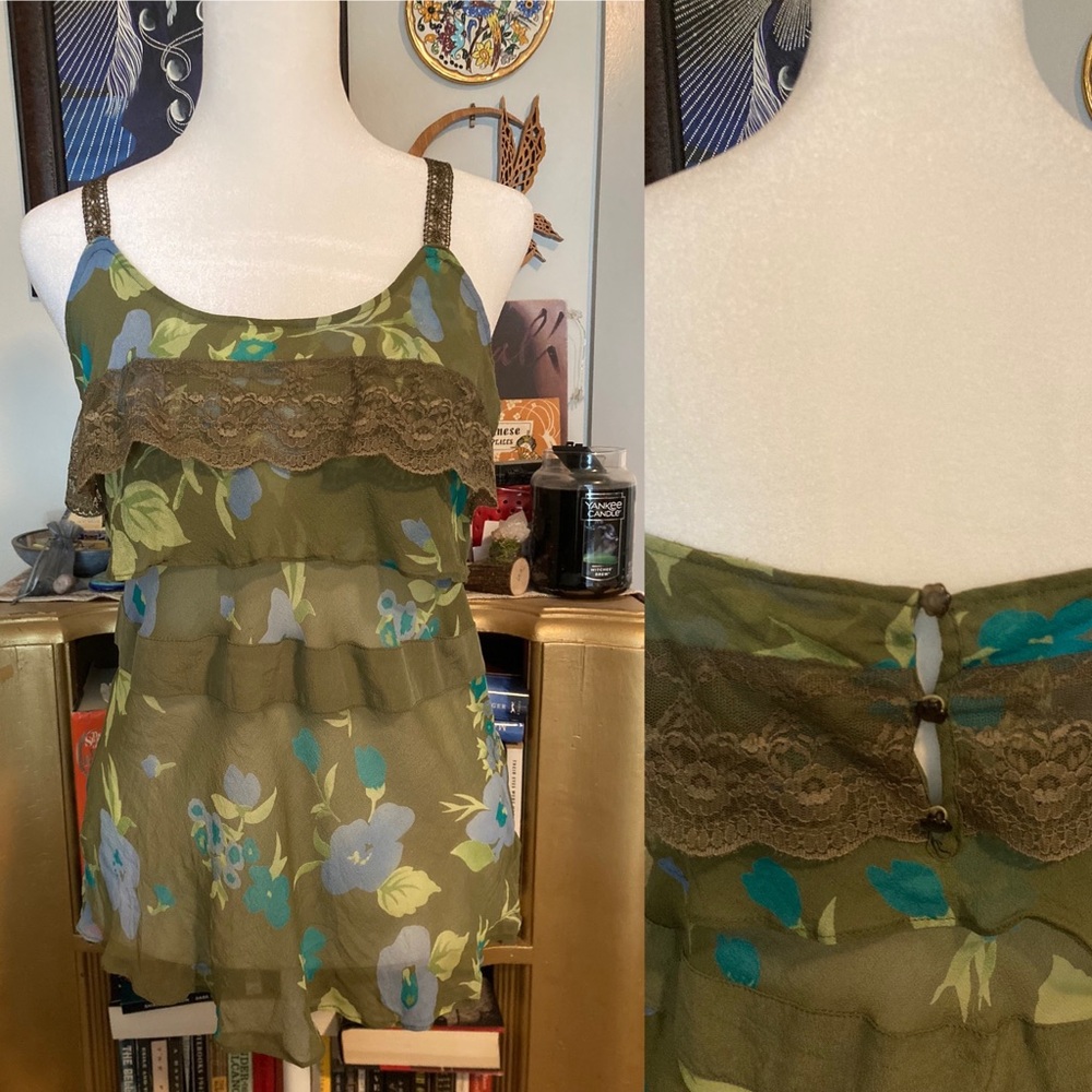 Vintage Y2K Free People sheer green floral laced straps Sz Med silk chiffon Top
